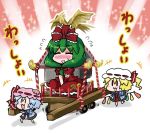  3girls :3 :d barefoot bat_wings black_wings blonde_hair blue_hair blush bow carrying cart chibi closed_eyes commentary_request crystal dress flandre_scarlet flying_sweatdrops green_hair hair_bow hat kagiyama_hina long_hair long_sleeves mob_cap multiple_girls no_shoes no_socks noai_nioshi nose_blush open_mouth patch ponytail red_bow red_dress red_ribbon remilia_scarlet ribbon short_hair short_sleeves side_ponytail sitting sitting_on_object smile solid_oval_eyes sweatdrop touhou translation_request wings 