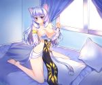 1girl animal_ears breasts cat_ears dakimakura_(object) dungeon_and_fighter long_hair looking_at_viewer pillow purple_hair solo straddling tandozzing violet_eyes 