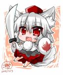  1girl animal_ears barefoot blush commentary_request dated fang hair_between_eyes inubashiri_momiji long_hair long_sleeves no_shoes no_socks noai_nioshi open_mouth red_eyes shield signature silver_hair solo sword tail touhou weapon wolf_ears wolf_tail 