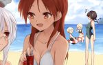  /\/\/\ 5girls beach blonde_hair brown_hair erica_hartmann gertrud_barkhorn glasses hair_ribbon heidimarie_w_schnaufer innertube kodamari long_hair minna-dietlinde_wilcke multiple_girls one-piece_swimsuit redhead ribbon short_hair siblings sisters strike_witches sweatdrop swimsuit twins twintails ursula_hartmann 