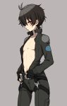  1boy aldnoah.zero bodysuit brown_hair dressing kaizuka_inaho male_focus military military_uniform nipples solo tamagoumauma uniform 