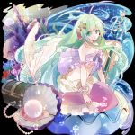  1girl antenna_hair blue_eyes bow breasts cleavage copyright_request earrings green_hair hair_ornament highres jewelry long_hair looking_at_viewer mermaid monster_girl pearl ribbon shell solo star_hair_ornament toori_monchi very_long_hair 