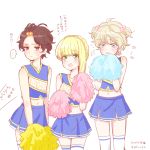  1girl 2boys aldnoah.zero asseylum_vers_allusia blonde_hair blush brown_eyes brown_hair cheerleader crossdressinging kaizuka_inaho long_hair midriff multiple_boys navel ne_co_neco open_mouth pom_poms short_hair silver_hair skirt slaine_troyard smile solo 