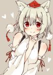  1girl albino alza animal_ears blush colored detached_sleeves grey_background hat heart inubashiri_momiji long_sleeves looking_at_viewer pom_pom_(clothes) red_eyes ribbon shirt short_hair simple_background sketch smile solo string tokin_hat touhou turtleneck white_hair wide_sleeves wolf_ears 