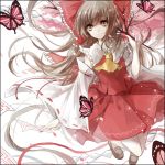  1girl arm_ribbon ascot backlighting between_fingers bow brown_eyes brown_hair butterfly cherry_blossoms cui_(jidanhaidaitang) detached_sleeves floating frame frilled_bow frilled_collar hair_bow hair_tubes hakurei_reimu legs light_particles long_hair petals red_skirt ribbon-trimmed_sleeves ribbon_trim rope shimenawa shoes simple_background skirt sleeveless smile solo talismans touhou tree_branch white_background 