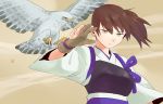  1girl bird brown_hair japanese_clothes kaga_(kantai_collection) kantai_collection long_hair shigemitsu_jun side_ponytail 