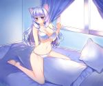  1girl animal_ears bikini breasts cat_ears dakimakura_(object) dungeon_and_fighter long_hair looking_at_viewer pillow purple_hair solo straddling swimsuit tandozzing violet_eyes 