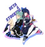  2girls aqua_hair beta_(inazuma_eleven) blue_eyes blue_hair blush character_name cosplay costume_switch crossover eating fork fork_in_mouth inazuma_eleven_go_chrono_stone inja ise_mariya long_hair multicolored_hair multiple_girls panty_&amp;_stocking_with_garterbelt pink_hair plate protocol_omega seiyuu_connection shoes simple_background sitting stocking_(psg) striped striped_legwear swiss_roll thigh-highs tongue tongue_out two-tone_hair very_long_hair violet_eyes white_background 