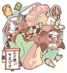  1girl animal_ears bottle brown_eyes brown_hair character_name checkered cup dual_persona futatsuiwa_mamizou futatsuiwa_mamizou_(human) glasses gourd hair_ornament hat japanese_clothes leaf leaf_hair_ornament leaf_on_head long_hair pince-nez raccoon_ears raccoon_tail sake_bottle sandals scarf short_hair shouningyou skirt smile tail touhou tsukumogami upside-down 