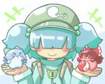  1girl backpack bag blue_hair bow brown_hair chibi cirno hair_bobbles hair_bow hair_ornament hair_over_eyes hair_tubes hakurei_reimu hat ice ice_wings kawashiro_nitori key short_hair shouningyou skirt smile touhou twintails wings 