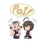  &gt;_&lt; 2girls ahoge blonde_hair braid brown_hair chibi fang fingerless_gloves gloves hair_flaps hair_ornament hair_ribbon hairclip kantai_collection kurimanjuu long_hair multiple_girls neckerchief necktie pleated_skirt ribbon scarf school_uniform serafuku shigure_(kantai_collection) single_braid sitting skirt white_scarf yuudachi_(kantai_collection) 