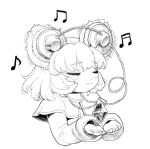  1girl animal_ears capelet closed_eyes crystal headphones jewelry monochrome mouse_ears music musical_note nazrin pendant short_hair simple_background sketch smile solo touhou yonaki 