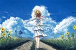  1girl bird clouds dress flower hat highres original sky solo straw_hat summer sundress sunflower utility_pole_(object) wire 