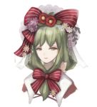  1girl bow butterfly echoes_(cassandratree) embellished_costume flower front_ponytail green_eyes green_hair hair_bow hair_flower hair_ornament hinamatsuri kagiyama_hina lace light_smile lips looking_at_viewer parted_lips portrait simple_background solo touhou white_background 