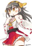  &gt;:o 1girl :o black_hair blush breath brown_eyes chestnut_mouth detached_sleeves frilled_skirt frills hair_ornament hairclip hands_on_own_chest haruna_(kantai_collection) headgear kantai_collection long_hair nanatsuta nontraditional_miko pleated_skirt ribbon-trimmed_sleeves ribbon_trim skirt twitter_username white_background 