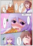  2girls 4koma annoyed apple_pie blush brown_hair closed_eyes collared_shirt comic dorian feeding flower flying_sweatdrops force_feeding full-face_blush hair_flower hair_ornament hairband long_hair multiple_girls purple_hair short_hair siblings sisters slice_of_pie smile split_ponytail talking tearing_up touhou translation_request tsukumo_benben tsukumo_yatsuhashi violet_eyes wavy_mouth worried 