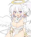  1girl angel bracelet breasts cleavage earrings halo jewelry large_breasts mofuaki original pointy_ears side_ponytail sitting smile solo violet_eyes white_hair wings 