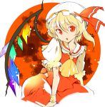  1girl ascot blonde_hair flandre_scarlet hat ichizen_(o_tori) open_mouth red_eyes ribbon short_hair side_ponytail solo touhou wings 