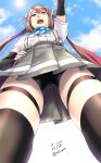  1girl arm_warmers asagumo_(kantai_collection) bike_shorts brown_hair dated hair_ribbon hand_on_hip infinote kantai_collection long_hair open_mouth outstretched_arm pleated_skirt ribbon school_uniform skirt suspenders twintails twitter_username upskirt 