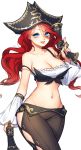  1girl bare_shoulders blue_eyes breasts cleavage dual_wielding gun hat highres hsn4444 large_breasts league_of_legends light_smile long_hair looking_at_viewer midriff miss_fortune pirate_hat redhead sarah_fortune wavy_hair weapon 