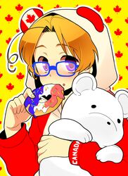  1boy 24x24 ahoge axis_powers_hetalia bear_hood blonde_hair canada_(hetalia) canadian_flag doughnut glasses kumajirou_(hetalia) polar_bear solo violet_eyes 