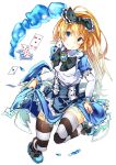  1girl akiyama_tama alice_(wonderland) alice_in_wonderland blonde_hair blue_eyes bow card corset divine_gate hair_bow long_hair medallion playing_card smile solo striped striped_legwear thigh-highs zettai_ryouiki 