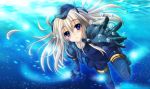  1girl aoi_hiro blue_eyes jacket kantai_collection long_hair looking_at_viewer parted_lips reaching silver_hair solo submerged u-511_(kantai_collection) underwater 