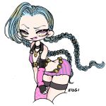  1girl artist_name bare_shoulders blue_hair braid chibi fingerless_gloves gloves hizgi jewelry jinx_(league_of_legends) league_of_legends long_hair necklace pink_eyes solo tattoo thigh-highs twin_braids very_long_hair 