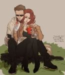  1boy 1girl avengers black_widow brown_hair casual clint_barton drink french_fries hawkeye_(marvel) marvel natasha_romanoff niwatori reading redhead sitting sunglasses 