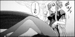  1girl aoki_hagane_no_arpeggio chair choker comic cup dress holding kaname_aomame kongou_(aoki_hagane_no_arpeggio) long_hair monochrome solo sweat table teacup translation_request 