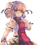  1girl bandaged_arm bandages bow bun_cover cha_goma chain cuffs double_bun flower hair_bun ibaraki_kasen looking_at_viewer open_mouth pink_eyes pink_hair puffy_sleeves rose shirt short_hair short_sleeves simple_background skirt solo tabard touhou white_background 