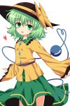  1girl bow green_eyes green_hair hat hat_bow heart heart_of_string highres isa komeiji_koishi long_sleeves open_mouth shirt skirt smile solo third_eye touhou wide_sleeves 