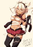  1girl 2015 black_gloves black_legwear blonde_hair breasts chain dated fingerless_gloves glasses gloves jiino kantai_collection long_hair looking_at_viewer musashi_(kantai_collection) navel red_eyes red_skirt sarashi skirt solo tears thigh-highs twintails 