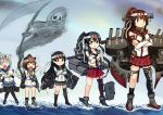  5girls ^_^ arm_up bare_shoulders binoculars breasts brown_eyes brown_hair closed_eyes crossed_arms death_(entity) dress gloves grim_reaper hachimaki hair_ornament hairclip hamakaze_(kantai_collection) headband headset horns isokaze_(kantai_collection) kantai_collection machinery multiple_girls neckerchief orange_eyes pantyhose payot ponytail red_eyes school_uniform serafuku silver_hair skirt tears translated trembling water white_dress white_gloves y.ssanoha yahagi_(kantai_collection) yamato_(kantai_collection) yukikaze_(kantai_collection) 