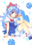  1girl ahoge alternate_hairstyle bloomers blue_eyes blue_hair bow cirno hair_bow ice ice_wings one_eye_closed pf ponytail popsicle sitting solo touhou underwear watermelon_bar wings 