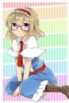  1girl alice_margatroid ascot bespectacled blonde_hair blue_eyes blush capelet glasses hairband highres ochazuke short_hair touhou 