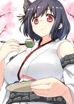  1girl absurdres bare_shoulders black_hair breasts bust cherry_blossoms detached_sleeves from_below hair_ornament highres hishimochi kantai_collection large_breasts pink_eyes ryuki_(ryukisukune) short_hair smile solo yamashiro_(kantai_collection) 
