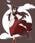  1girl animal_ears brooch brown_hair dress full_moon imaizumi_kagerou jewelry kaginoni long_hair looking_away moon open_mouth red_eyes solo tail touhou wolf_ears wolf_tail 