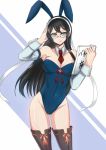  1girl animal_ears black_hair blue_eyes book bunnysuit detached_collar detached_sleeves glasses kantai_collection kashiru long_hair necktie ooyodo_(kantai_collection) rabbit_ears salute thigh-highs wrist_cuffs 