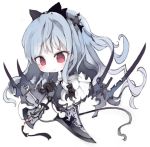  1girl :&gt; akaki_aoki axe blade blue_hair bow chibi claws commentary_request hair_bow long_hair original red_eyes silver_hair simple_background solo weapon white_background 