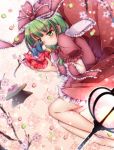  1girl amagumo barefoot blurry candy character_doll cherry_blossoms depth_of_field dress facing_away fetal_position floral_background front_ponytail green_eyes green_hair hair_bobbles hair_ornament hair_ribbon highres hina_ningyou hinamatsuri hishimochi kagiyama_hina kawashiro_nitori konpeitou lamp long_hair lying object_namesake on_side puffy_short_sleeves puffy_sleeves ribbon short_sleeves smile solo sparkle touhou twig wrist_ribbon 