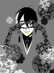  1boy covering_eyes face grey_background japanese_clothes light_smile male_focus mikazuki_munechika monochrome no_eyes parted_lips seigaiha shippou_(pattern) short_hair solo spot_color touken_ranbu unmoving_pattern upper_body zuwai_kani 