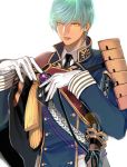  1boy aqua_hair double-breasted gloves ichigo_hitofuri katana male_focus military military_uniform necktie smile sode sword touken_ranbu uniform weapon white_gloves yellow_eyes zakki 