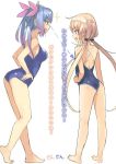  2girls artist_name barefoot blonde_hair blue_hair breasts competition_school_swimsuit hair_ornament hair_ribbon hands_on_hips i-19_(kantai_collection) kantai_collection large_breasts long_hair multicolored_hair multiple_girls one-piece_swimsuit open_mouth ribbon satsuki_(kantai_collection) school_swimsuit sensen smile submarine swimsuit translation_request twintails white_background yellow_eyes 