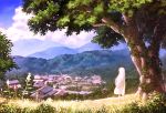  1girl 2014 clouds dress from_behind grass hill house icycrescent long_hair number original outdoors scenery solo standing tree village white_dress white_hair 
