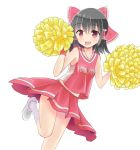  1girl alternate_costume bare_arms black_hair bow character_name cheerleader folded_leg hair_bow hair_tubes hakurei_reimu leaning_over looking_at_viewer open_mouth pleated_skirt pom_poms red_eyes shoes short_hair skirt sleeveless sleeveless_shirt sneakers solo touhou tube_socks usagikoya wrist_cuffs 
