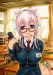  1girl animal_ears blazer blue_eyes breasts buttons cat_ears classroom desk diploma ganari_ryuu glasses headset large_breasts long_hair looking_at_viewer open_mouth original pink_hair school_uniform smile solo_focus super_tama_musume tamatoys window 