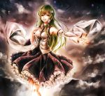  1girl bare_shoulders clouds detached_sleeves frilled_skirt frills frog_hair_ornament green_eyes green_hair hair_ornament jan_(artist) kochiya_sanae long_hair long_sleeves night open_mouth outstretched_arm shirt shooting_star skirt sky smile snake_hair_ornament solo star_(sky) starry_sky touhou very_long_hair wide_sleeves 