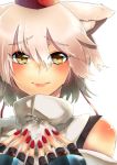  1girl absurdres animal_ears bare_shoulders blush detached_sleeves fingerless_gloves gloves hat highres inubashiri_momiji light_smile lips looking_at_viewer nail_polish short_hair silver_hair simple_background solo toa_(kitakaze_setsuna) tokin_hat touhou white_background wolf_ears yellow_eyes 
