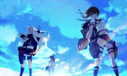  3girls cannon clouds cloudy_sky commentary fubuki_(kantai_collection) hair_ribbon kantai_collection kneehighs long_hair machinery midriff multiple_girls mutsuki_(kantai_collection) navel pantyhose pleated_skirt ribbon school_uniform serafuku short_hair sixingcao skirt sky turret yuudachi_(kantai_collection) 